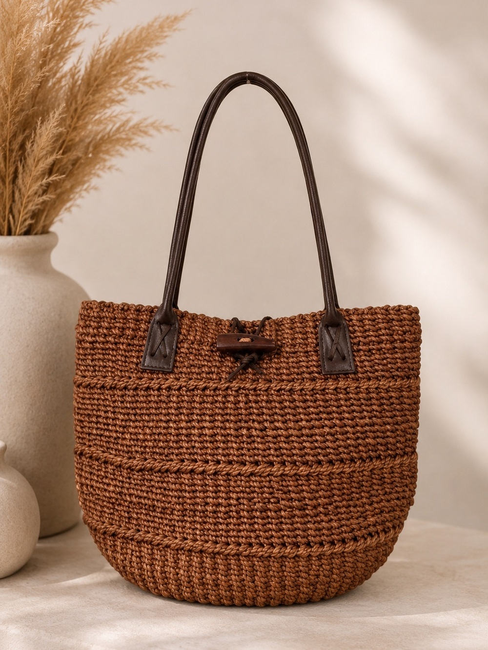 Vintage Jute Twine & Leather Handmade Tote Bag – Boho Woven Shoulder Bag